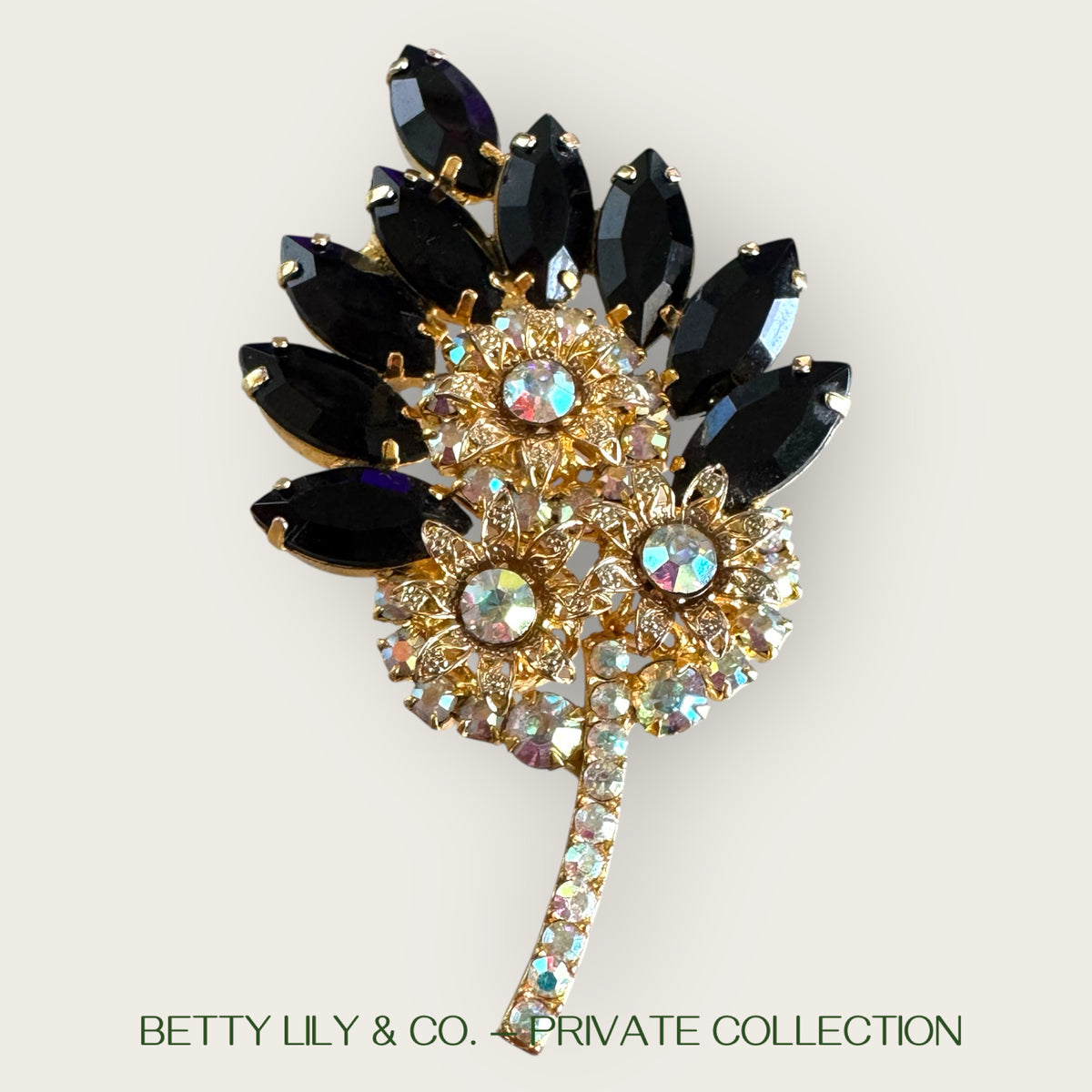 Verified Juliana Black Navette & AB Rhinestone Leaf Brooch – Reference #2046 | Private Collection