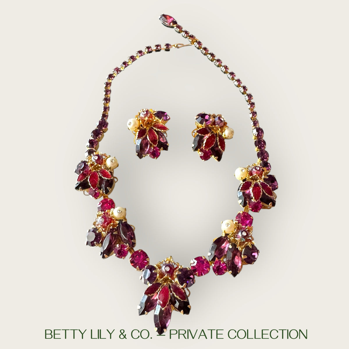 Weiss Enamel Leaf & Jewel-Tone Rhinestone Statement Set – Ruby, Amethyst & Pearl Tones – 1950s Mid-Century Glam | Private Collection