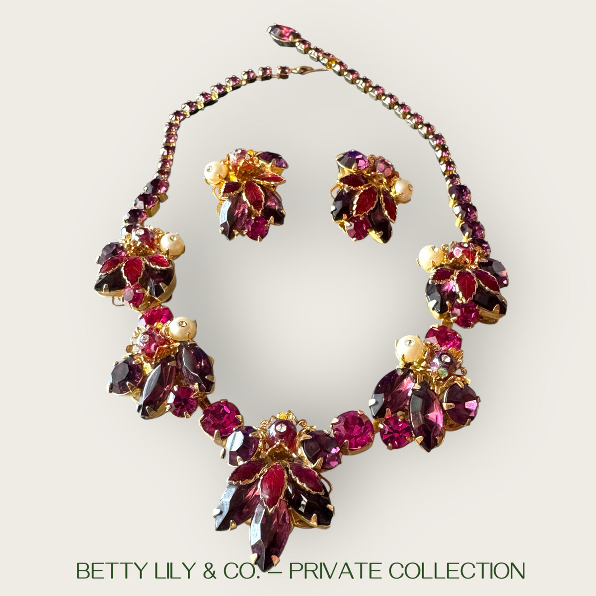 Weiss Enamel Leaf & Jewel-Tone Rhinestone Statement Set – Ruby, Amethyst & Pearl Tones – 1950s Mid-Century Glam | Private Collection