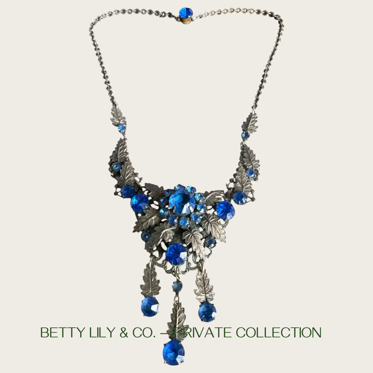Antique Art Nouveau Czech Blue Glass Rivière Bib Necklace | Leaf Motif Filigree Statement | Circa 1900s | Private Collection