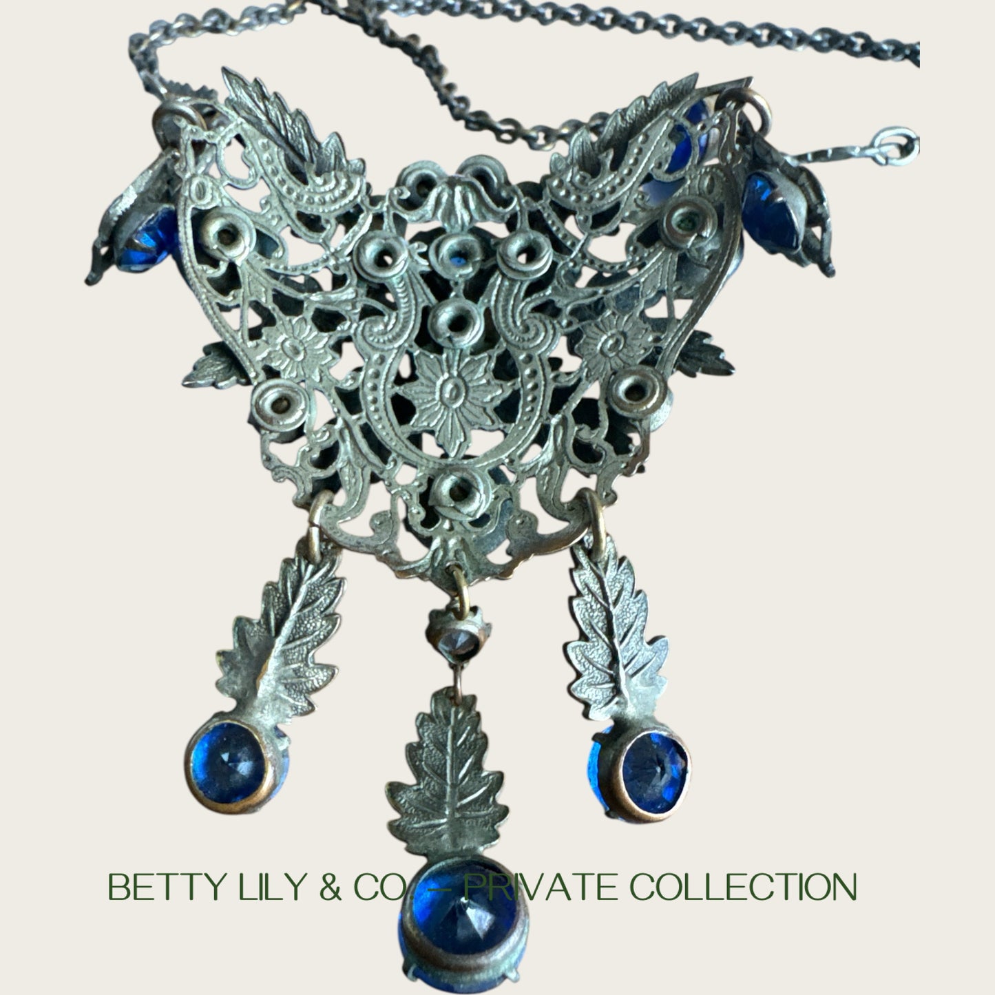 Antique Art Nouveau Czech Blue Glass Rivière Bib Necklace | Leaf Motif Filigree Statement | Circa 1900s | Private Collection