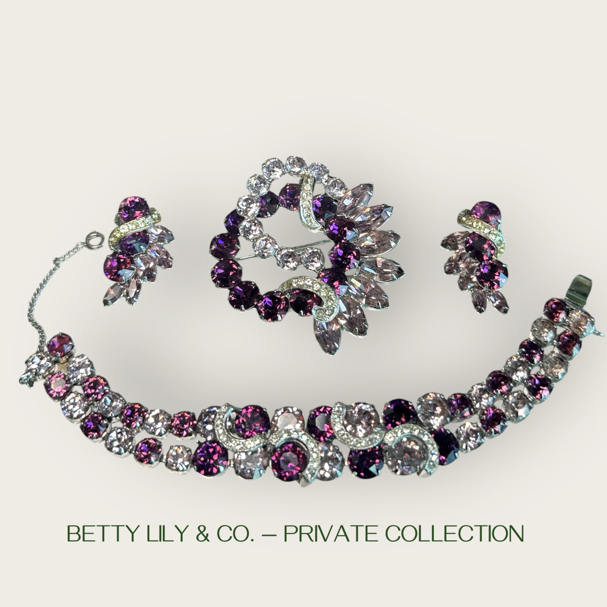 Eisenberg Signed Amethyst Rhinestone Parure | Bracelet, Earrings & Brooch Set | Private Collection
