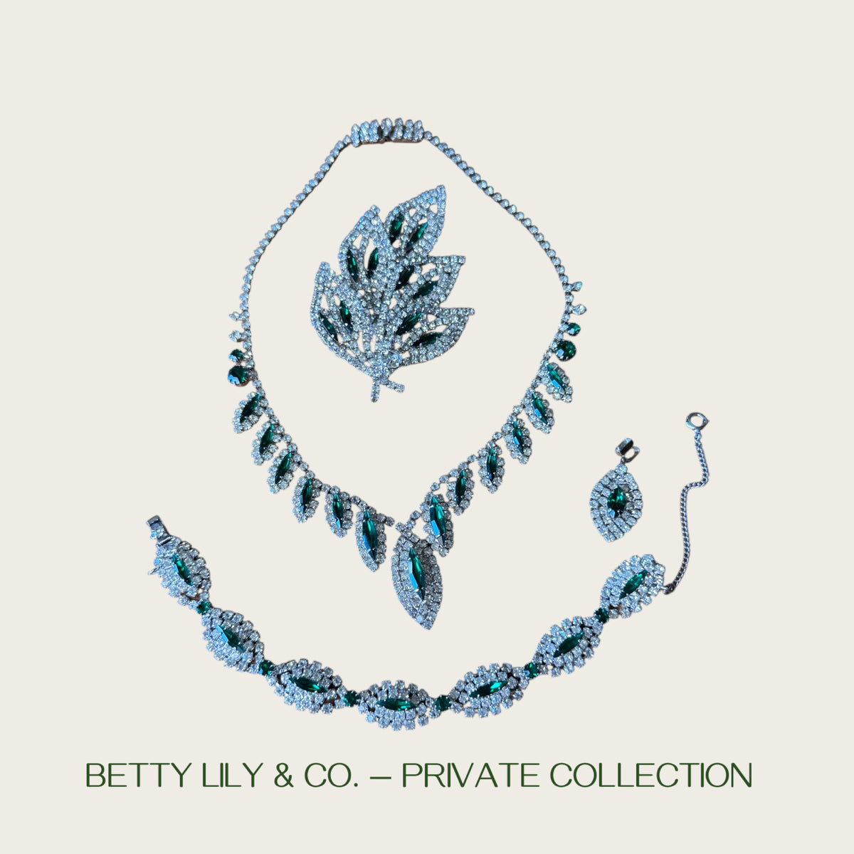 Signed Weiss Emerald Green Navette Rhinestone Parure | Necklace, Bracelet & Brooch | Mid-Century Collector’s Masterpiece | Private Collection