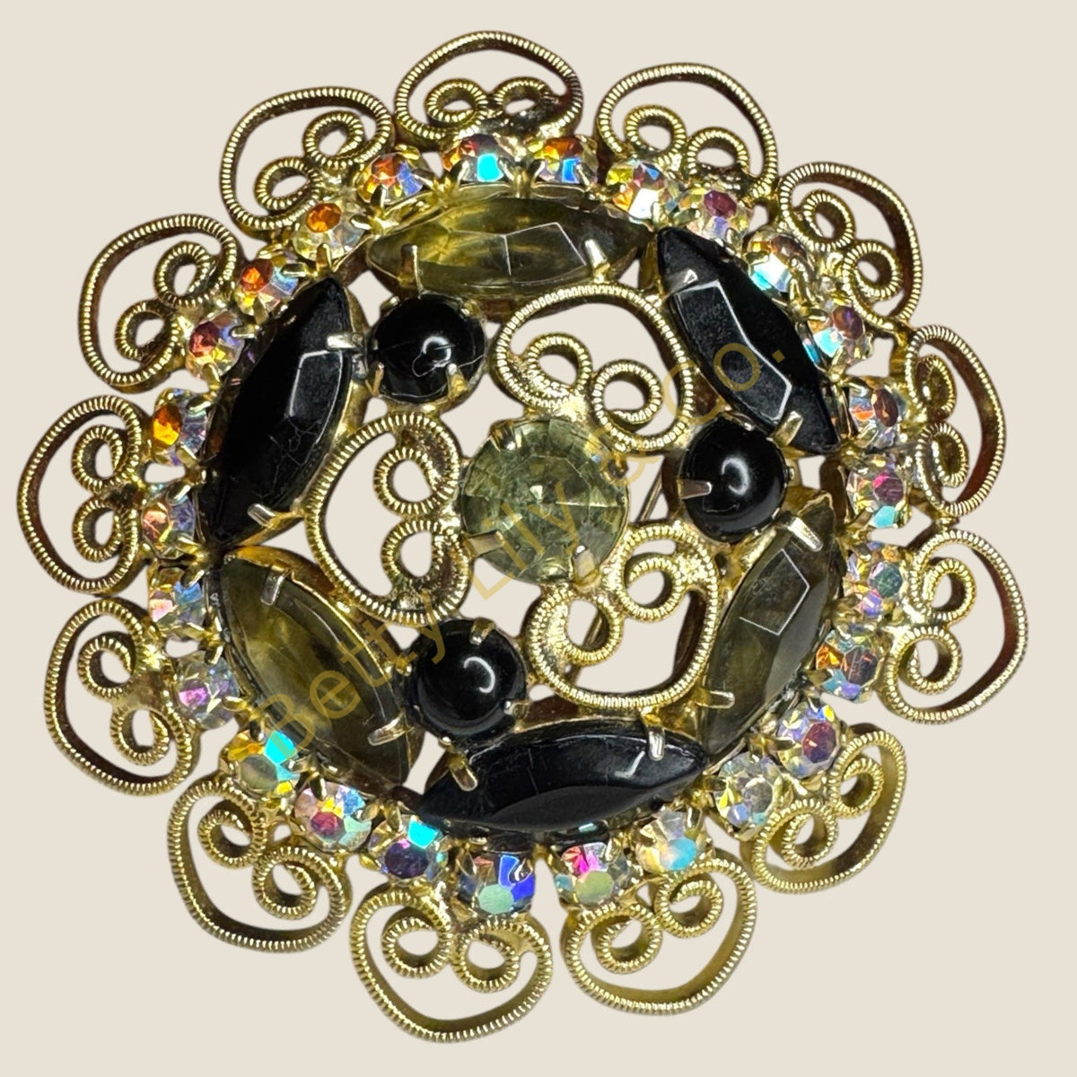 Smoky Gray & Black Rhinestone Filigree Wreath Brooch – 1960s Vintage Statement Pin