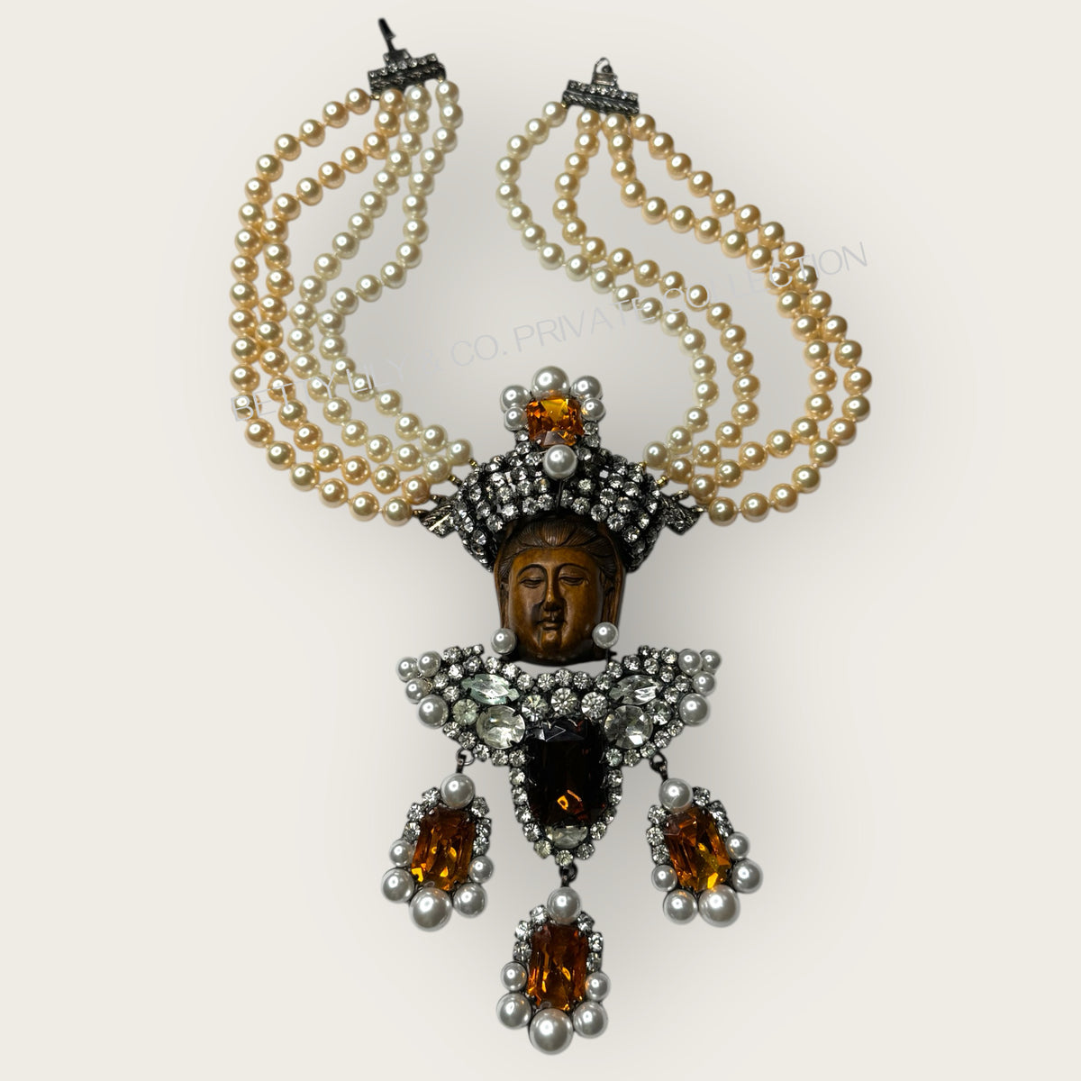 Lawrence Vrba Buddha Pendant Necklace & Brooch | Amber Glass, Rhinestone & Pearl | Private Collection