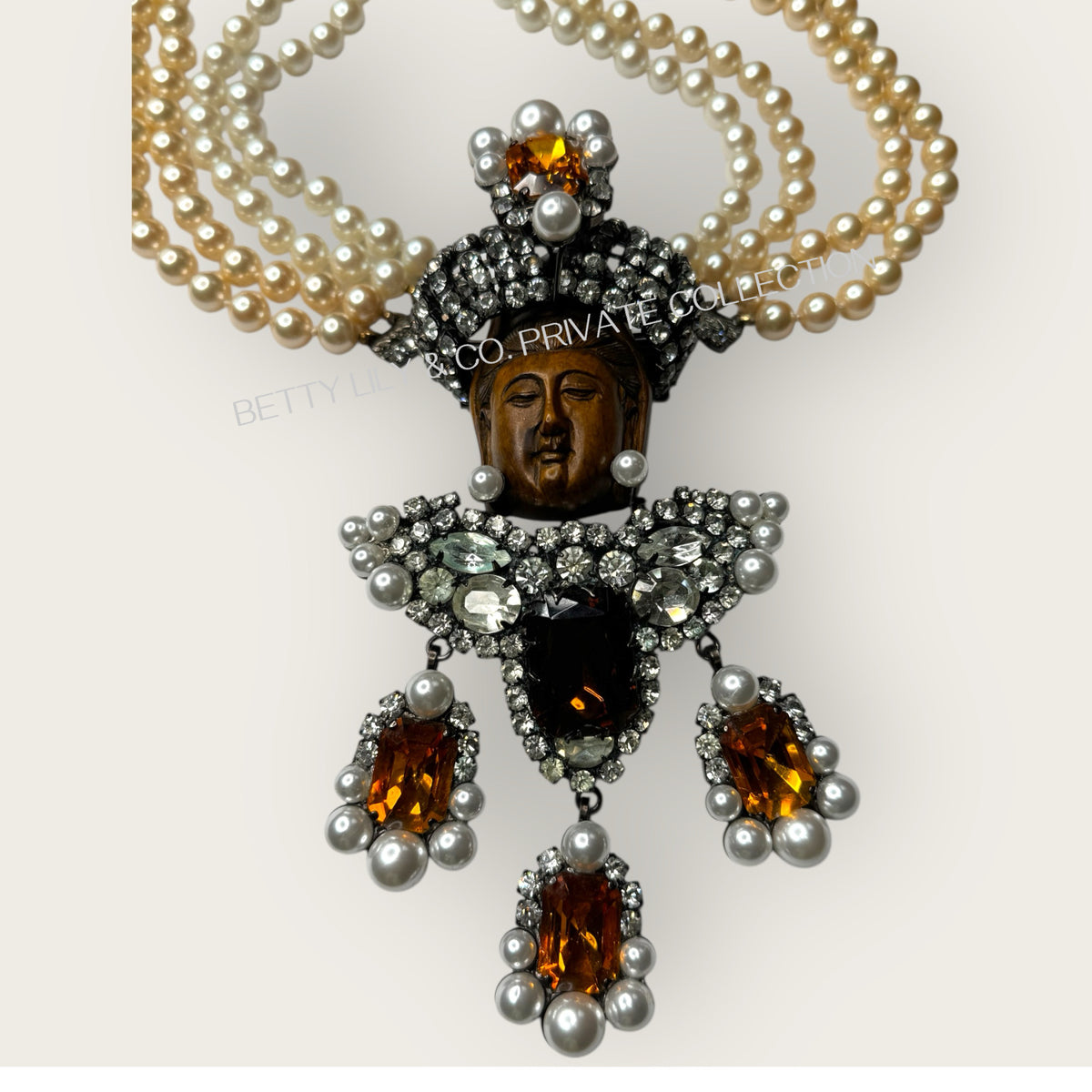 Lawrence Vrba Buddha Pendant Necklace & Brooch | Amber Glass, Rhinestone & Pearl | Private Collection