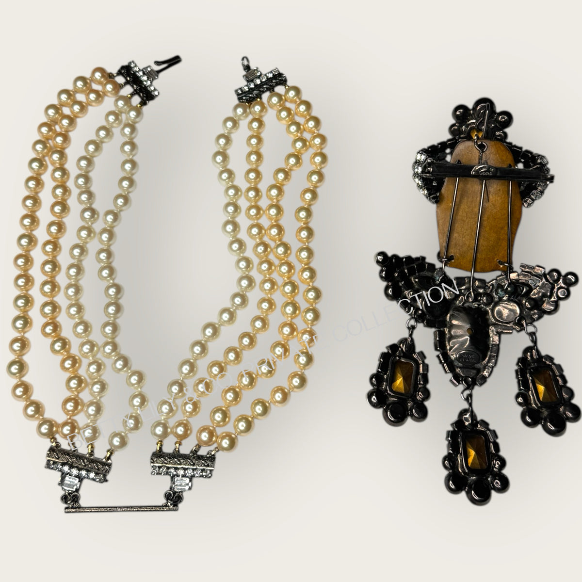 Lawrence Vrba Buddha Pendant Necklace & Brooch | Amber Glass, Rhinestone & Pearl | Private Collection