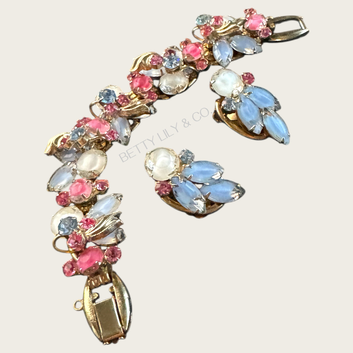Verified Juliana Bracelet & Earrings Set – Blue, Pink & White Givre Rhinestones – 1960s Vintage Jewelry