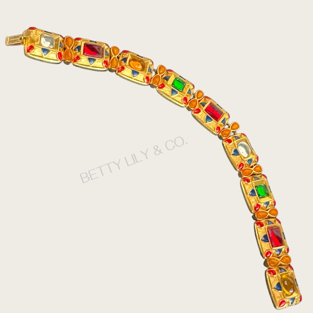 Signed MMA USA Enamel & Glass Cabochon Panel Bracelet – Multi-Color Articulated Design