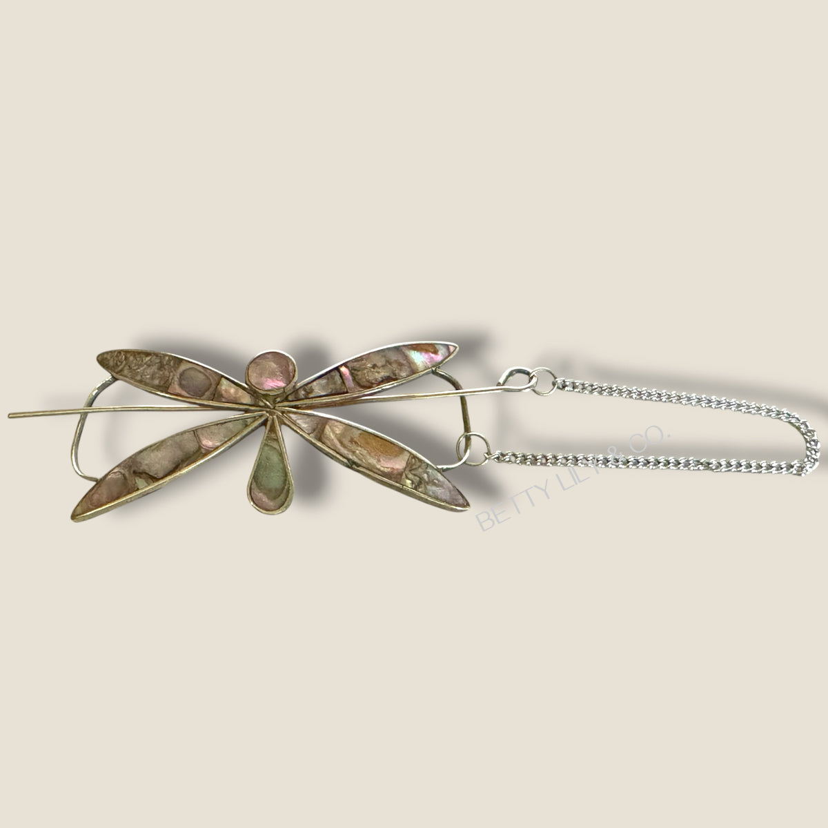 Vintage Mexican Abalone Inlay Dragonfly Hair Ornament – Signed Hecho en Mexico