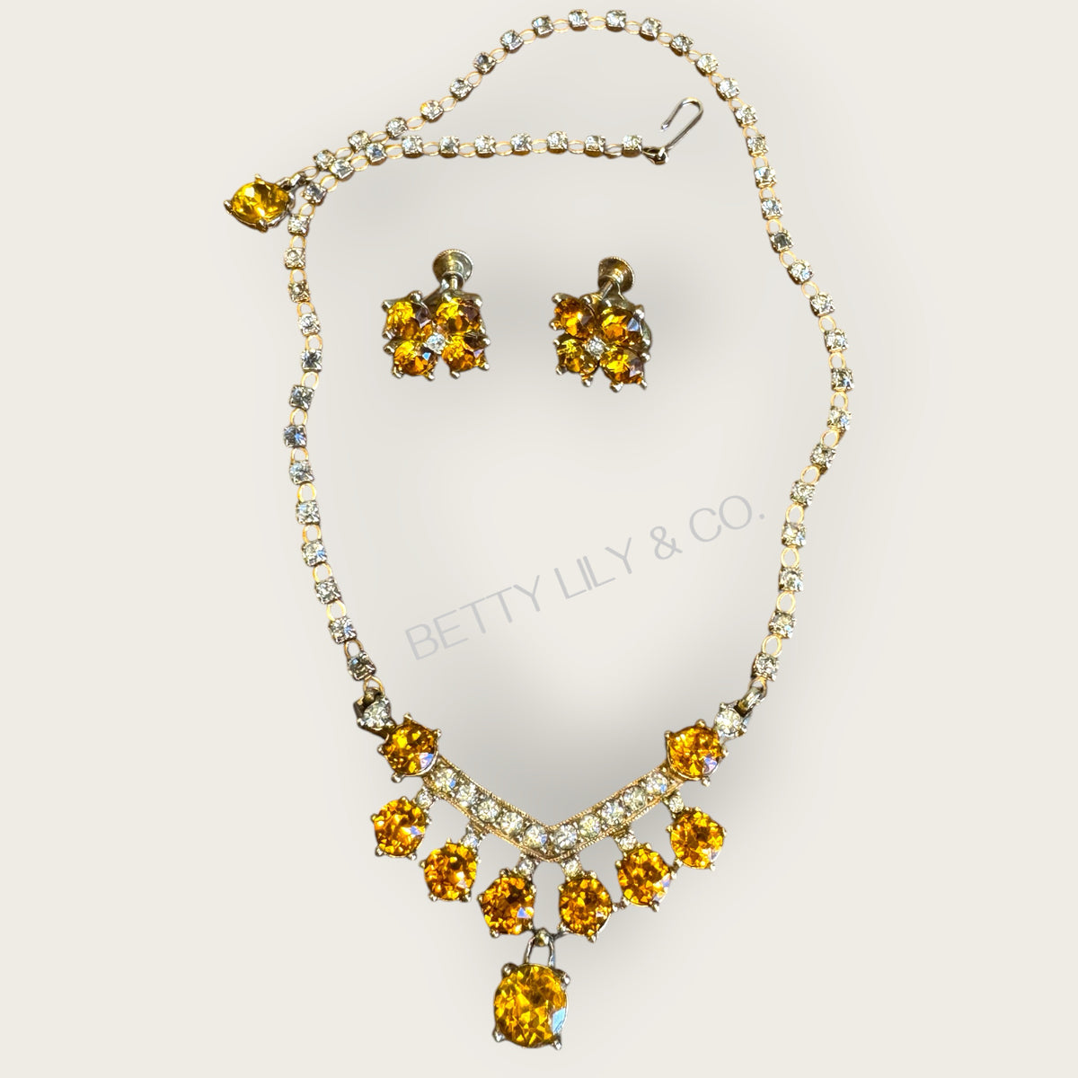 Vintage 1950s Bogoff Amber & Smoky Rhinestone Parure – Signed Necklace & Earrings in Gold-Tone Mid-Century Glamour