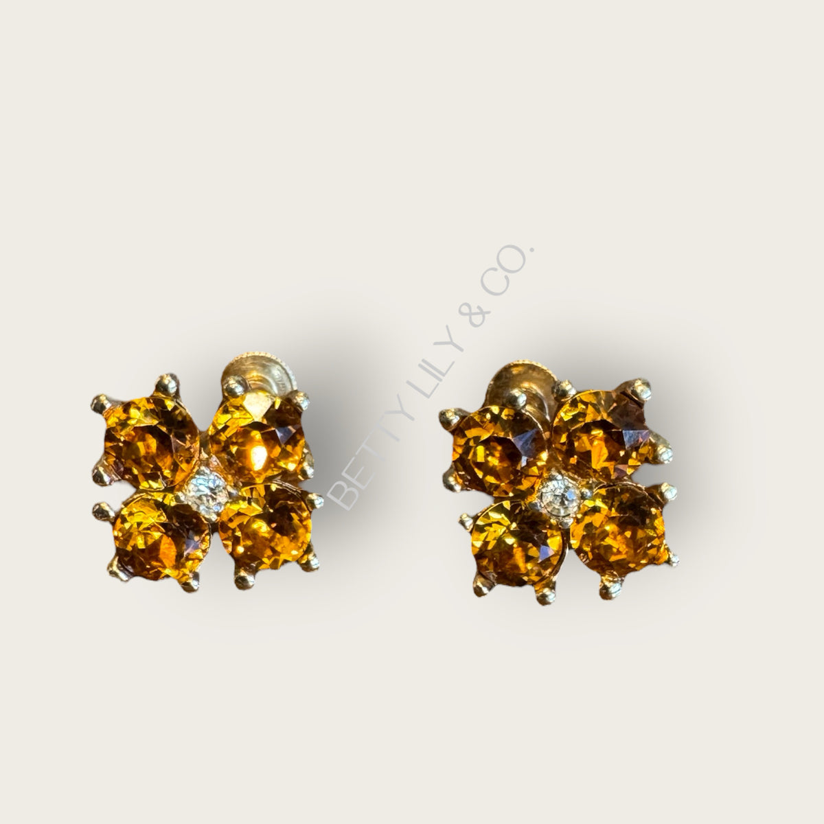 Vintage 1950s Bogoff Amber & Smoky Rhinestone Parure – Signed Necklace & Earrings in Gold-Tone Mid-Century Glamour