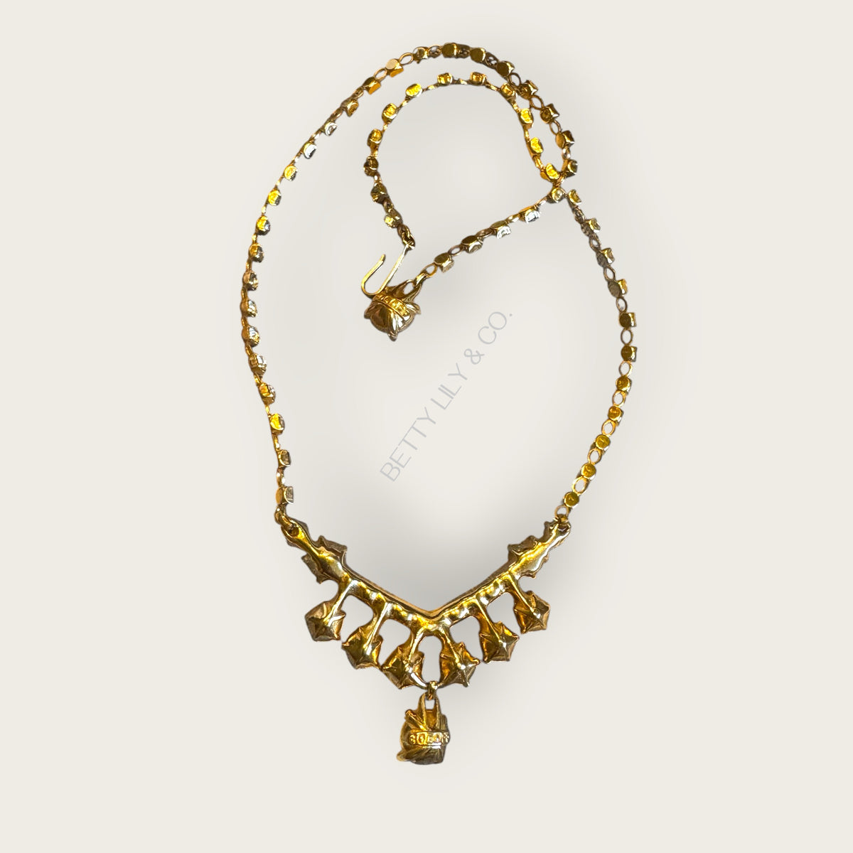 Vintage 1950s Bogoff Amber & Smoky Rhinestone Parure – Signed Necklace & Earrings in Gold-Tone Mid-Century Glamour