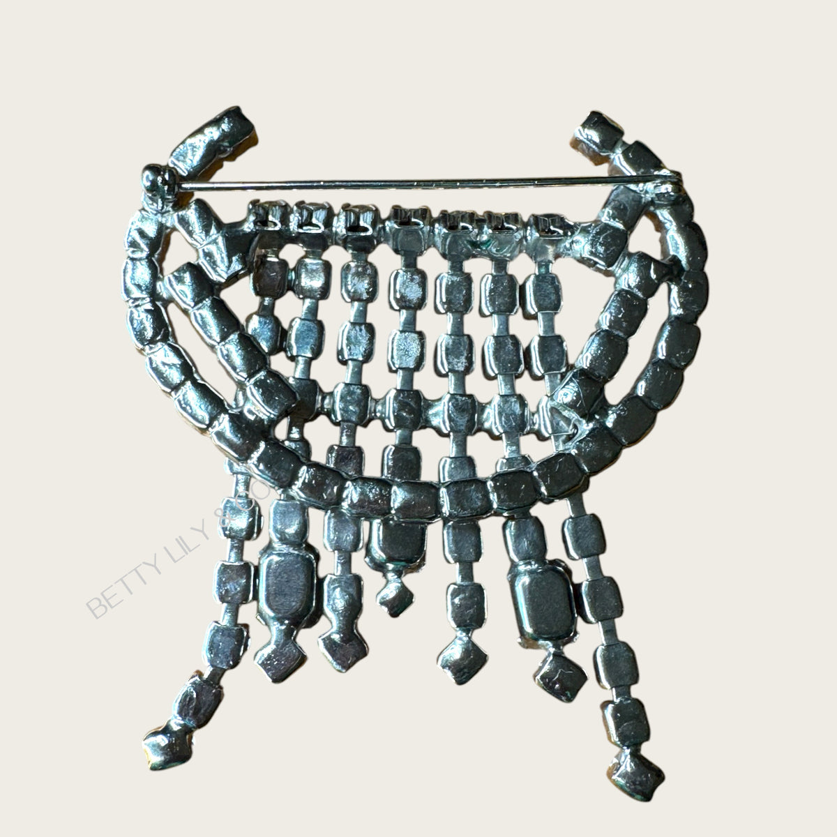 Vintage Art Deco Waterfall Rhinestone Brooch Silver Tone with Baguette & Round Stones – Draped Fringe Design (1940s–1950s)