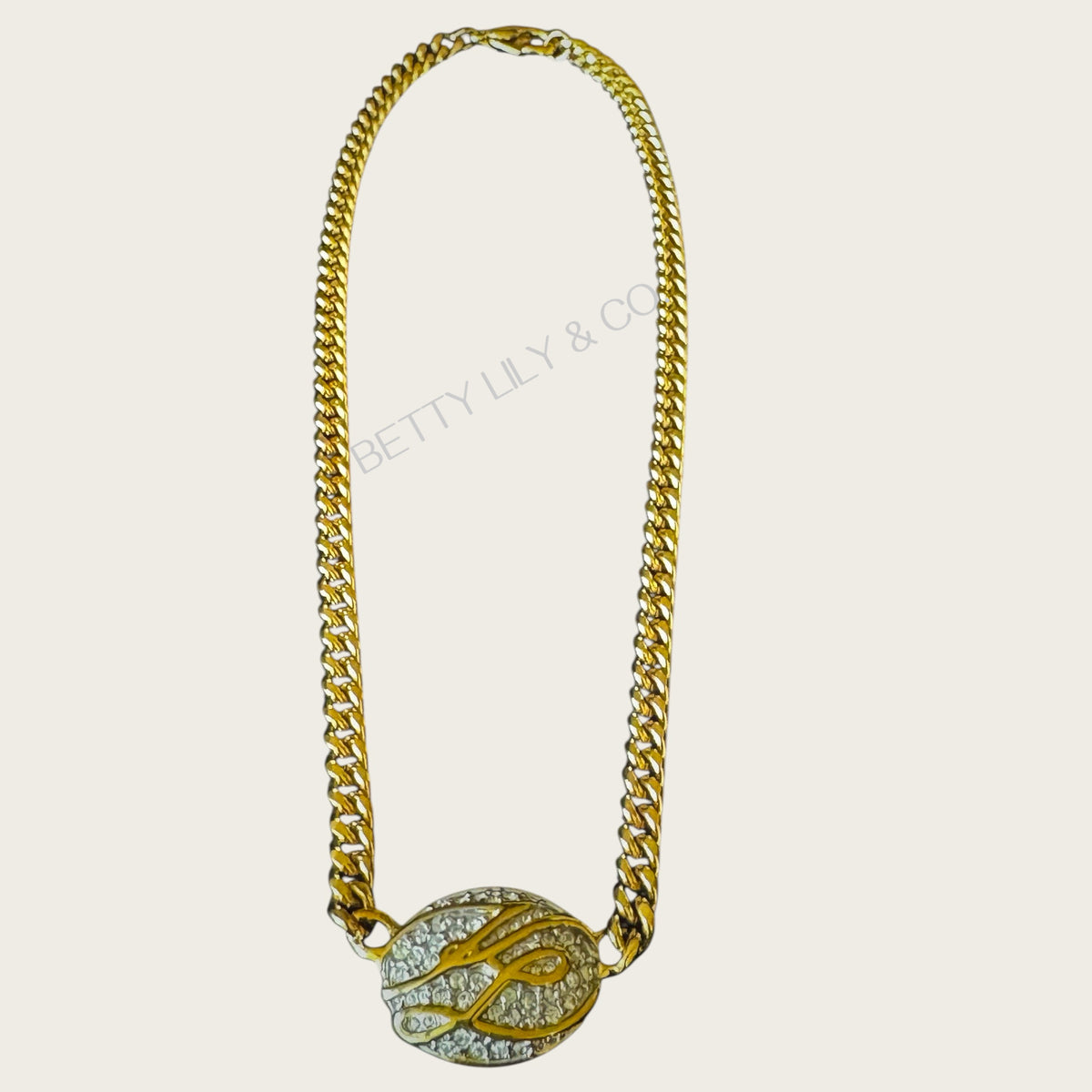 Karl Lagerfeld 1980s Pavé “KL” Medallion Necklace – Signed Gold-Tone Curb Chain