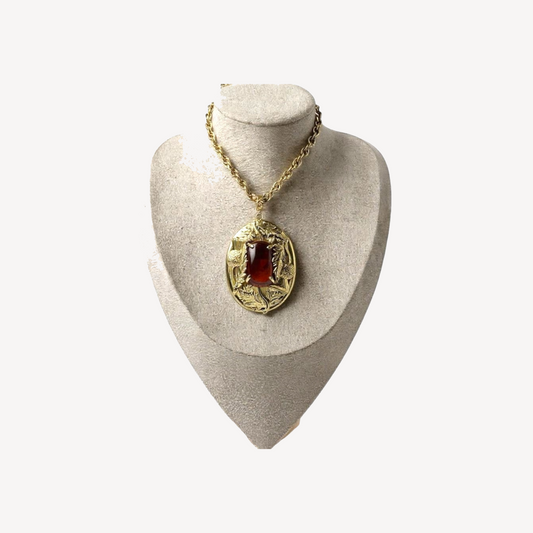 Vintage 1960s Whiting & Davis Leaf Pendant Necklace – Amber Rhinestone & Gold-Tone Chain