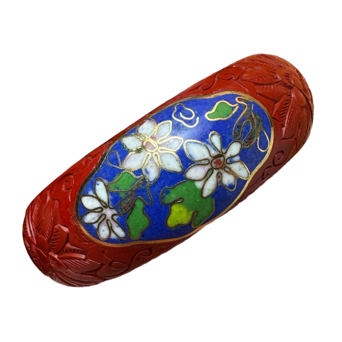 Vintage Chinese Cinnabar & Cloisonné Bracelet – Floral Carving on Brass