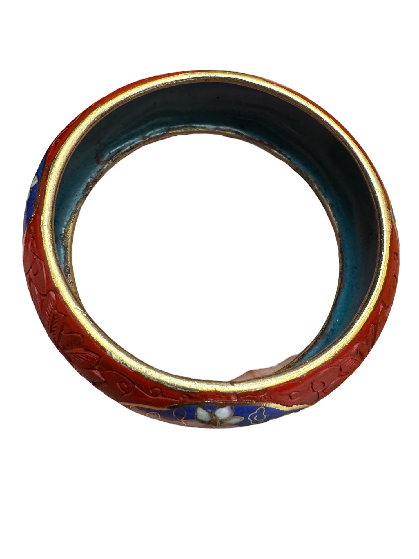 Vintage Chinese Cinnabar & Cloisonné Bracelet – Floral Carving on Brass