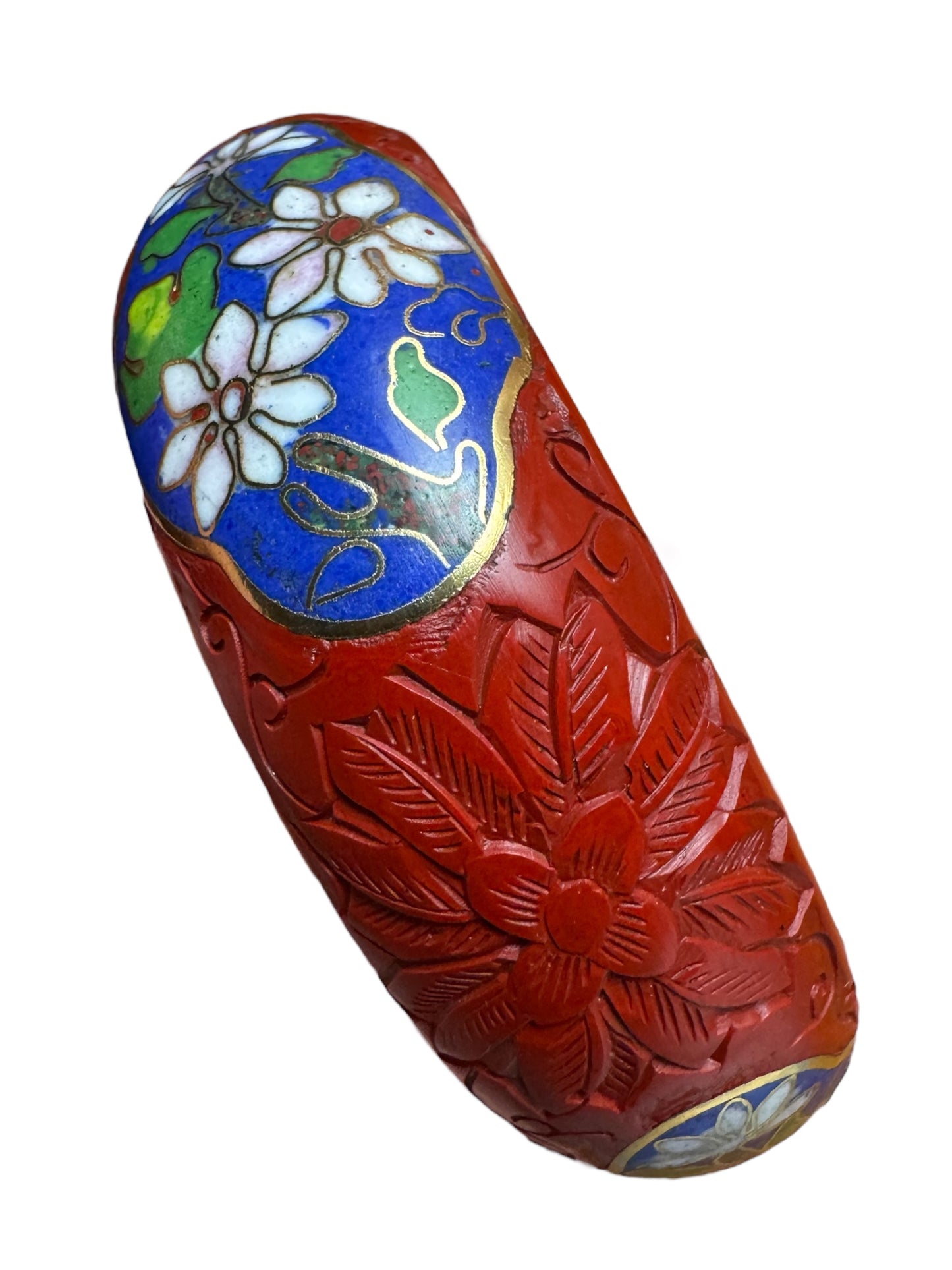 Vintage Chinese Cinnabar & Cloisonné Bracelet – Floral Carving on Brass