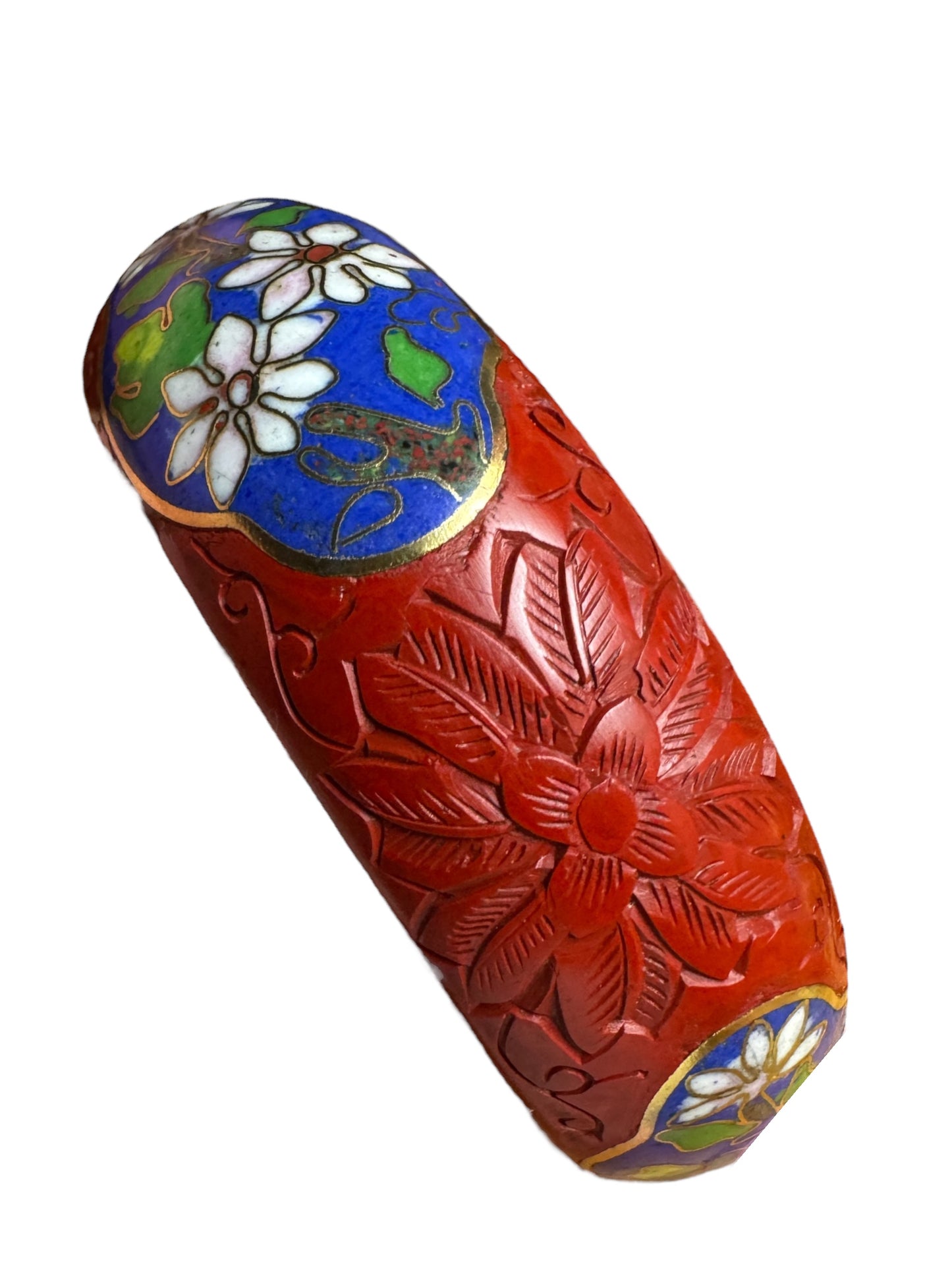 Vintage Chinese Cinnabar & Cloisonné Bracelet – Floral Carving on Brass
