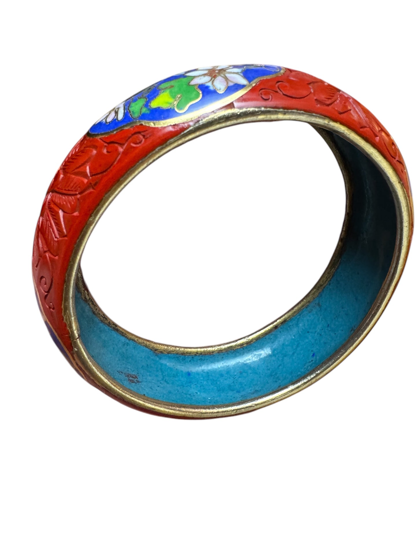 Vintage Chinese Cinnabar & Cloisonné Bracelet – Floral Carving on Brass
