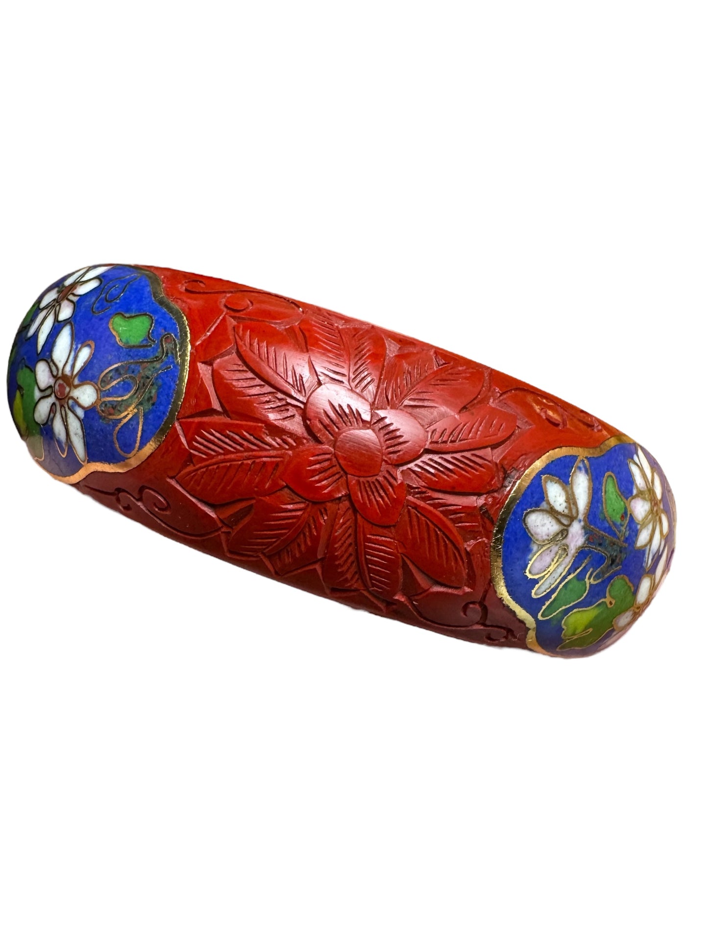 Vintage Chinese Cinnabar & Cloisonné Bracelet – Floral Carving on Brass