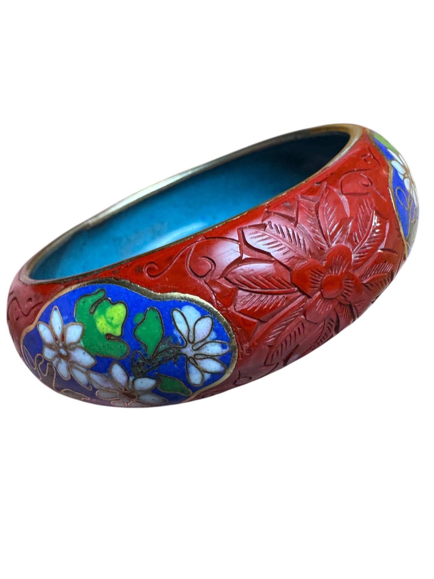 Vintage Chinese Cinnabar & Cloisonné Bracelet – Floral Carving on Brass