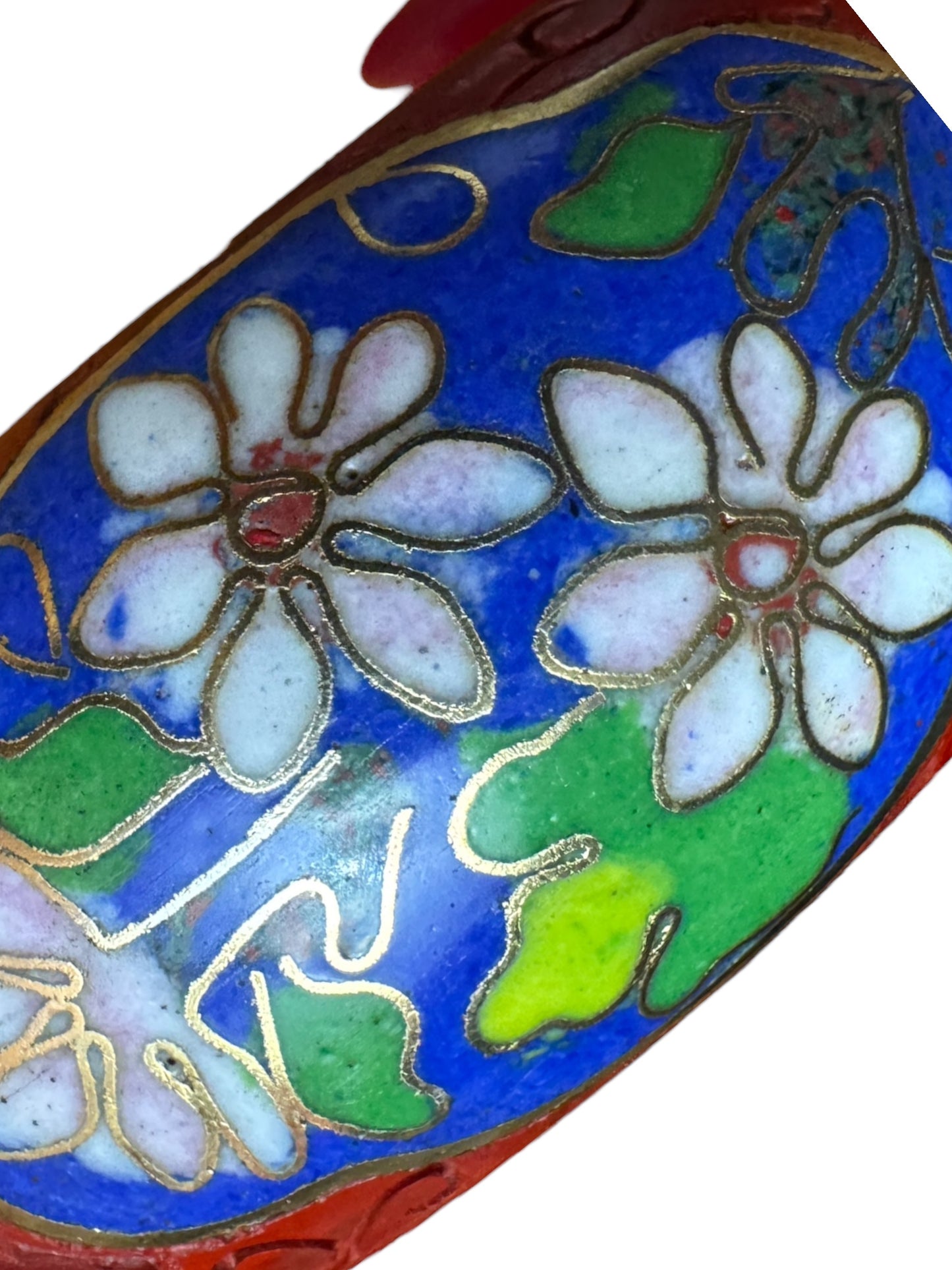 Vintage Chinese Cinnabar & Cloisonné Bracelet – Floral Carving on Brass