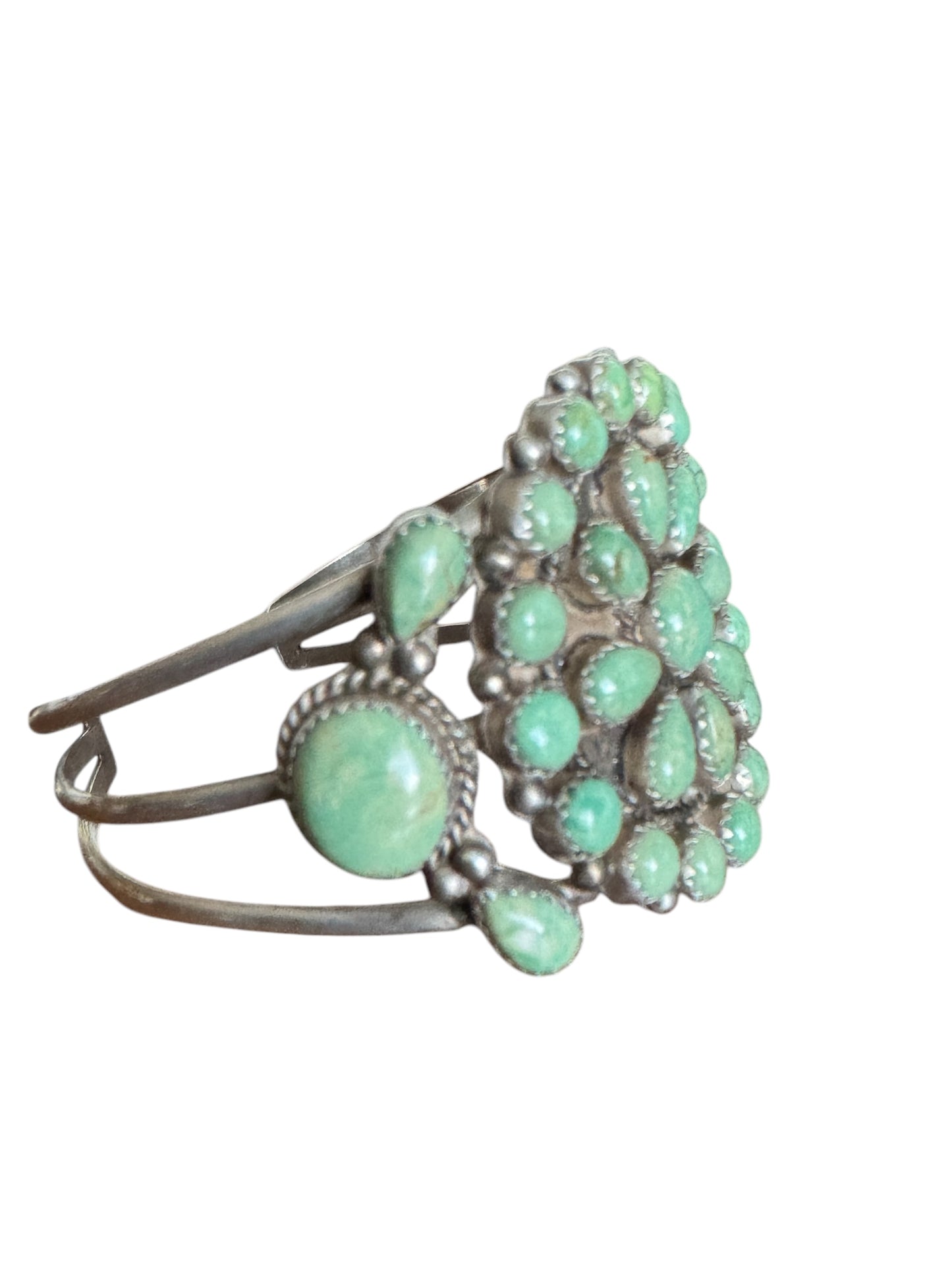 Vintage Running Bear Navajo sterling silver Royston turquoise cluster cuff bracelet – handcrafted Native American jewelry, 35.91g