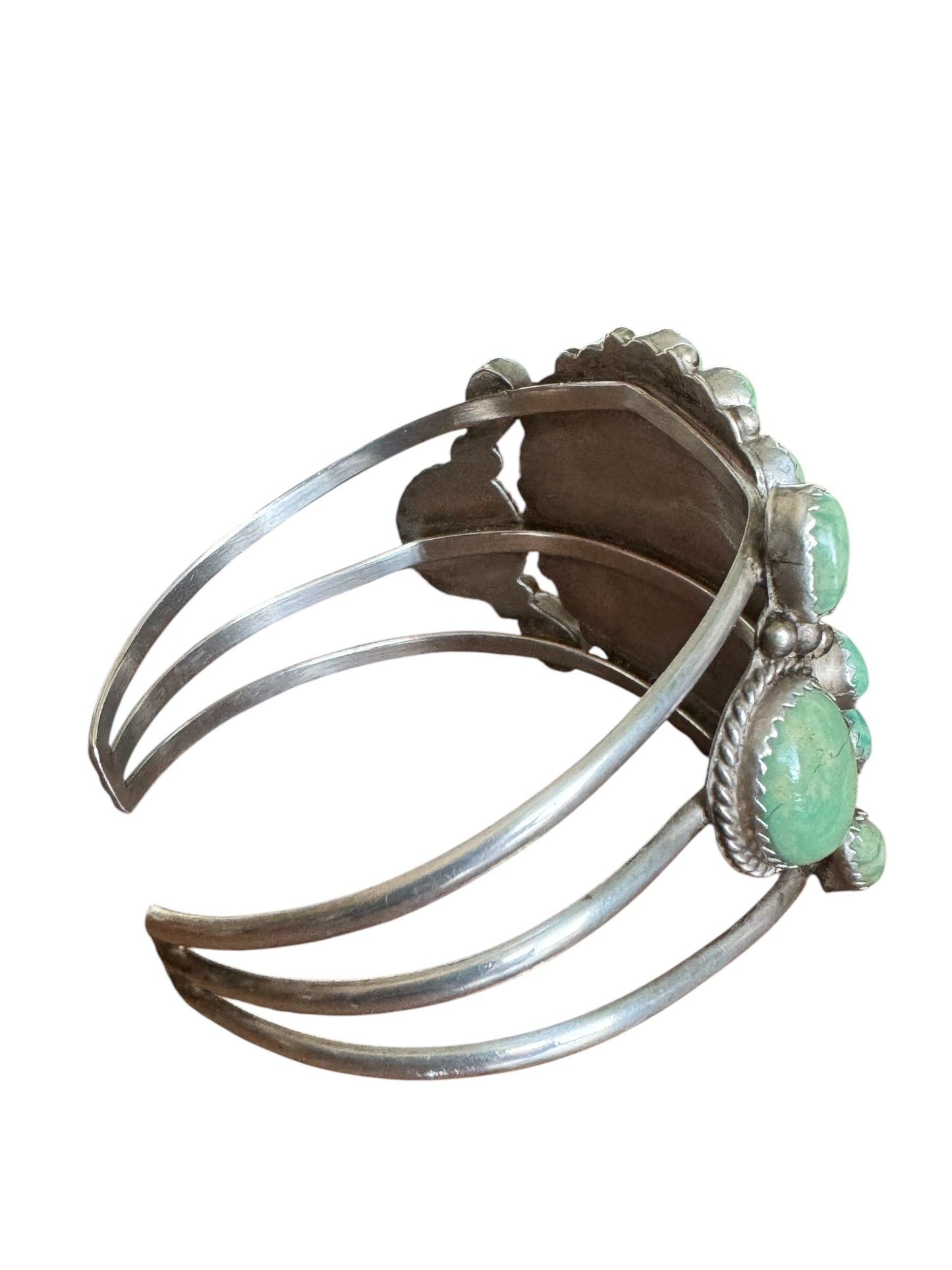 Vintage Running Bear Navajo sterling silver Royston turquoise cluster cuff bracelet – handcrafted Native American jewelry, 35.91g