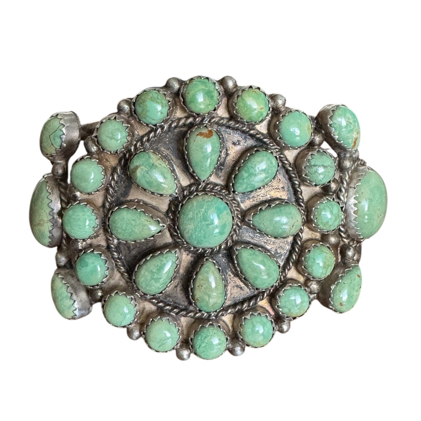 Vintage Running Bear Navajo sterling silver Royston turquoise cluster cuff bracelet – handcrafted Native American jewelry, 35.91g