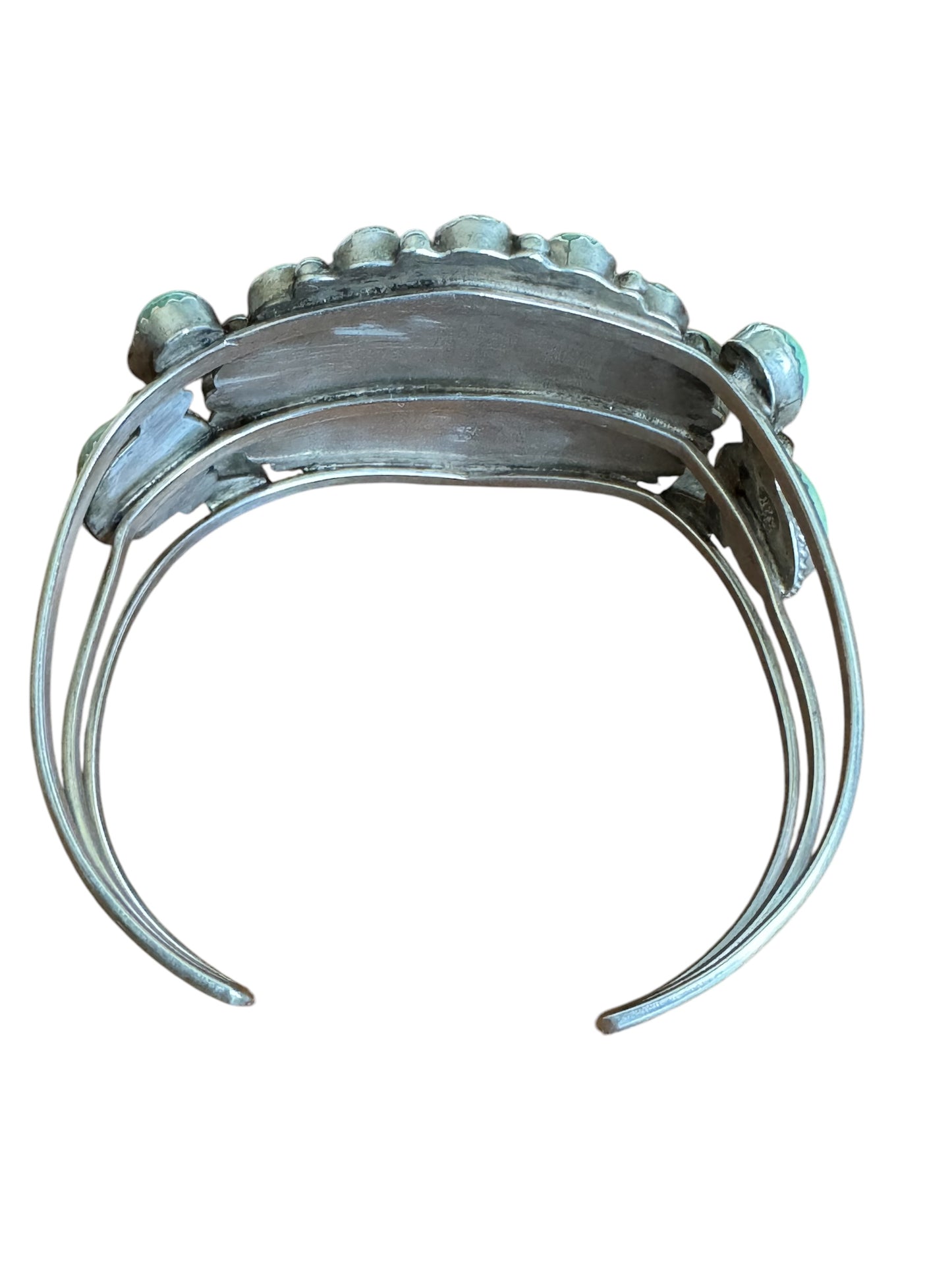 Vintage Running Bear Navajo sterling silver Royston turquoise cluster cuff bracelet – handcrafted Native American jewelry, 35.91g