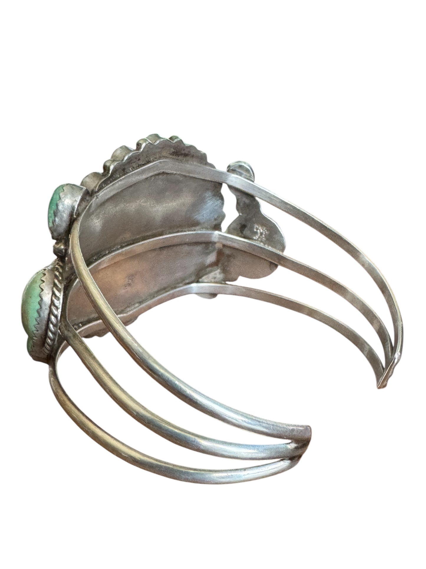 Vintage Running Bear Navajo sterling silver Royston turquoise cluster cuff bracelet – handcrafted Native American jewelry, 35.91g