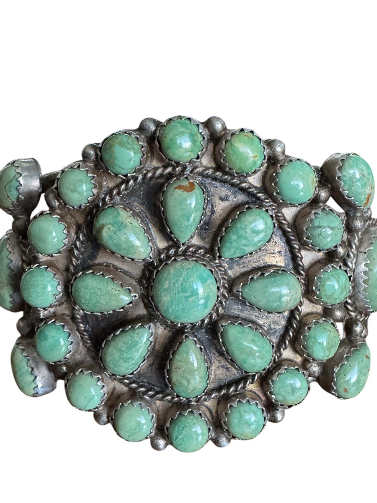 Vintage Running Bear Navajo sterling silver Royston turquoise cluster cuff bracelet – handcrafted Native American jewelry, 35.91g