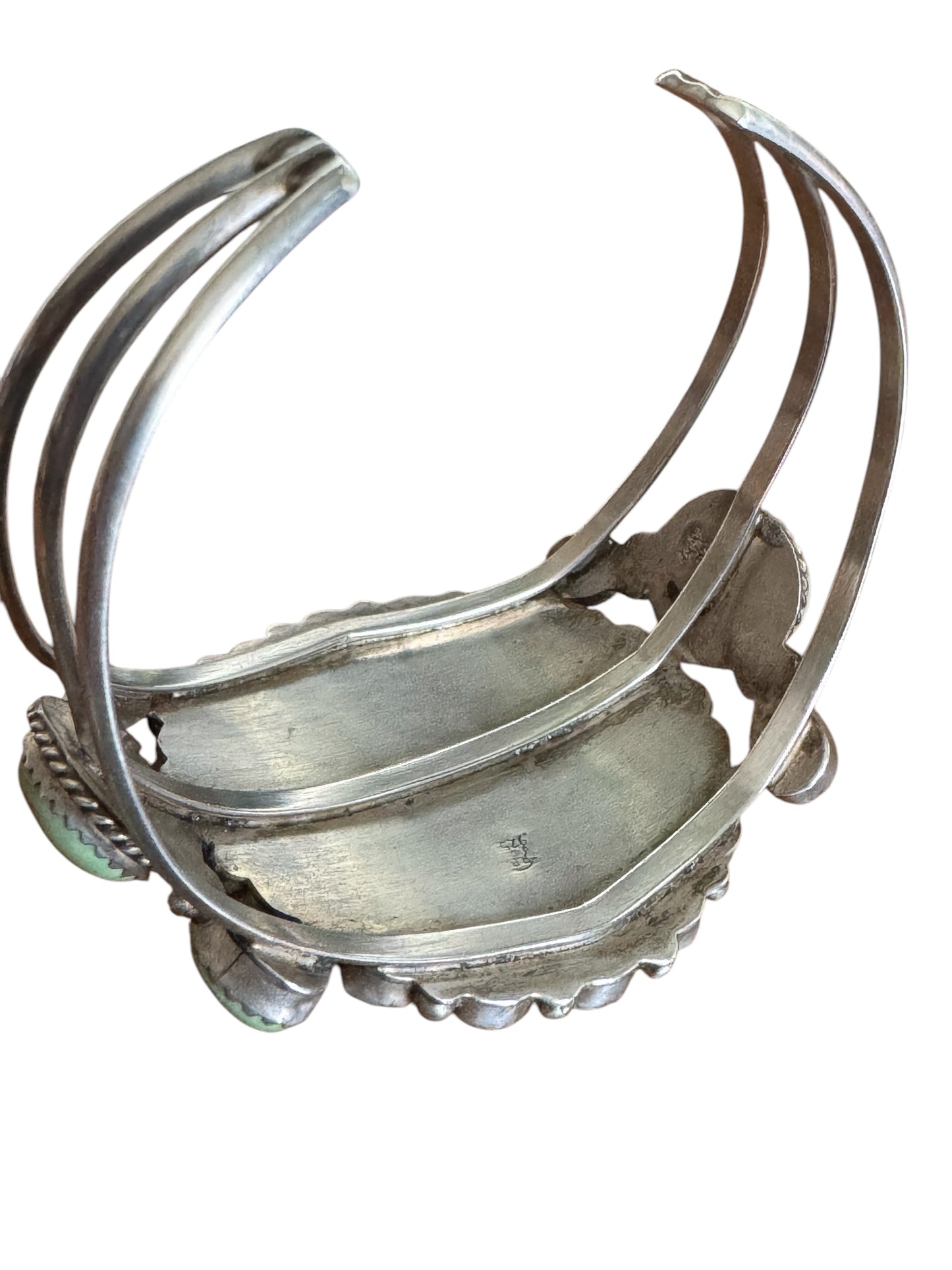 Vintage Running Bear Navajo sterling silver Royston turquoise cluster cuff bracelet – handcrafted Native American jewelry, 35.91g