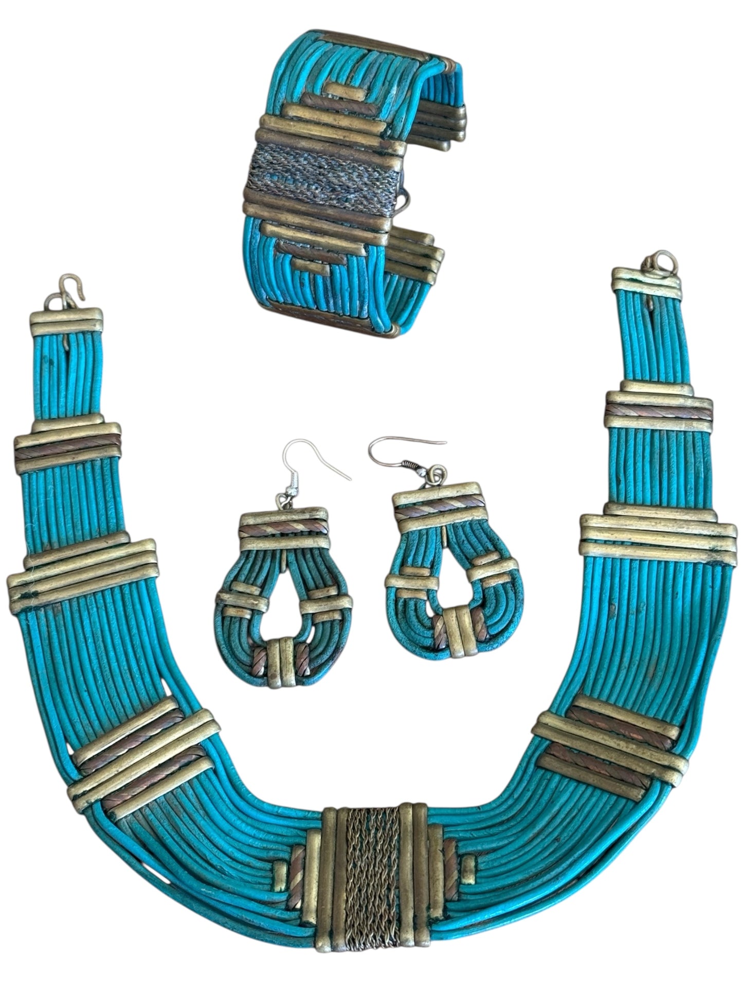 Vintage Alexis Kirk leather and brass jewelry set – statement choker, cuff, and earrings, rare 1980s collectible