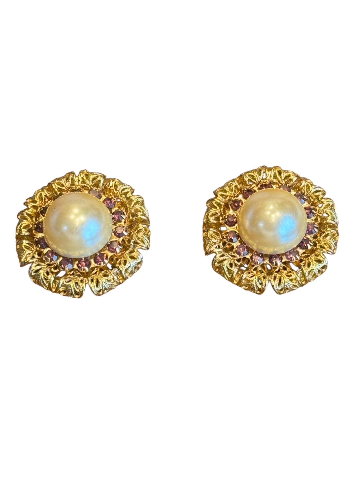 Vintage Gold Filigree Clip-On Earrings – Faux Pearl & Purple Crystal Accents