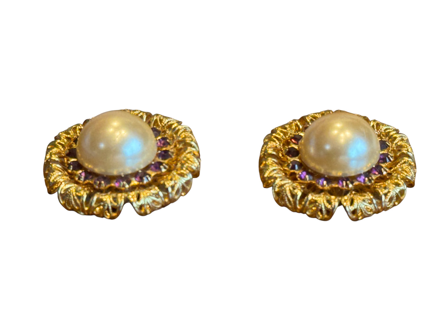 Vintage Gold Filigree Clip-On Earrings – Faux Pearl & Purple Crystal Accents