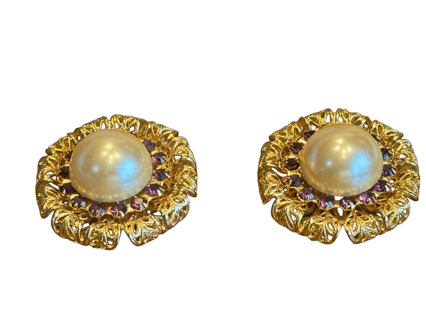 Vintage Gold Filigree Clip-On Earrings – Faux Pearl & Purple Crystal Accents