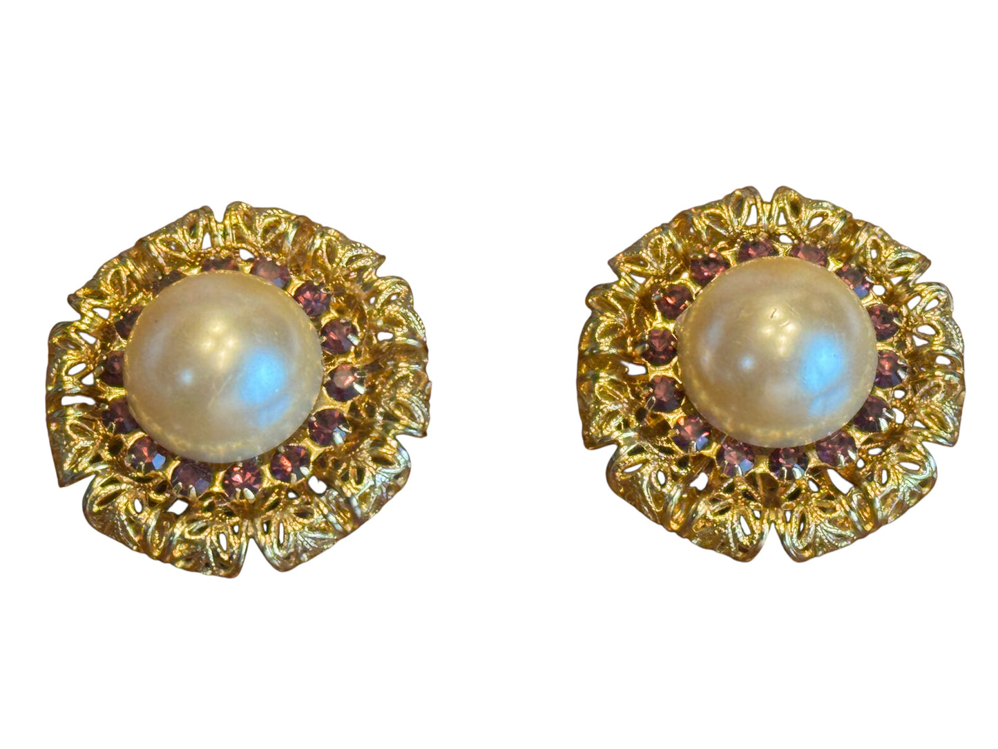 Vintage Gold Filigree Clip-On Earrings – Faux Pearl & Purple Crystal Accents