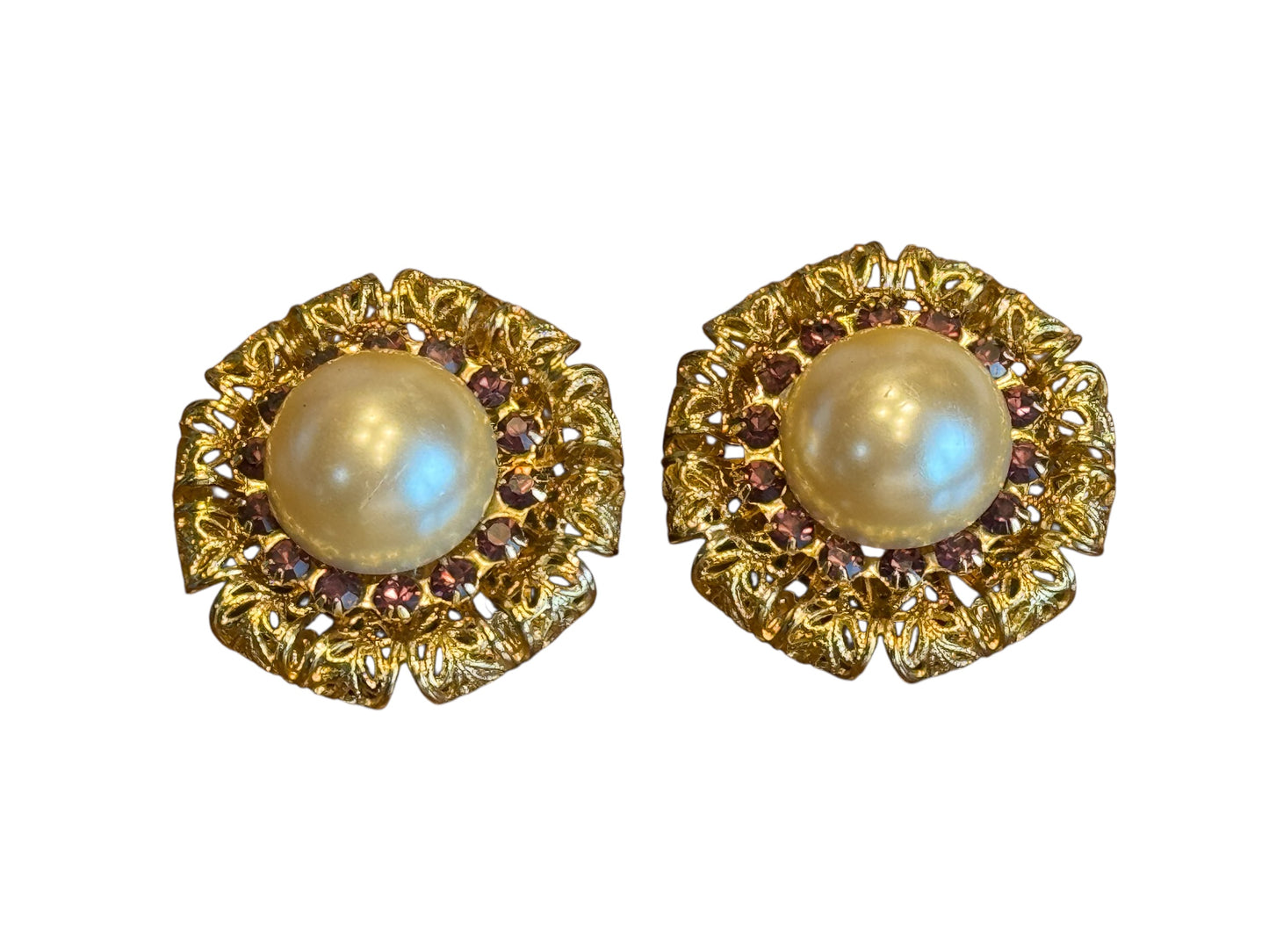 Vintage Gold Filigree Clip-On Earrings – Faux Pearl & Purple Crystal Accents