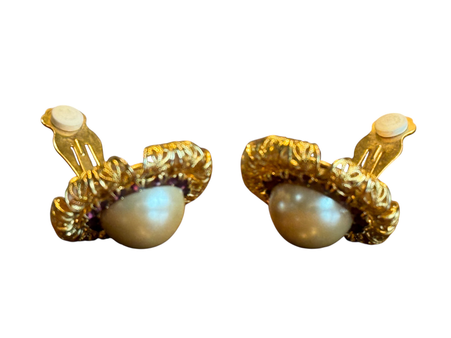 Vintage Gold Filigree Clip-On Earrings – Faux Pearl & Purple Crystal Accents