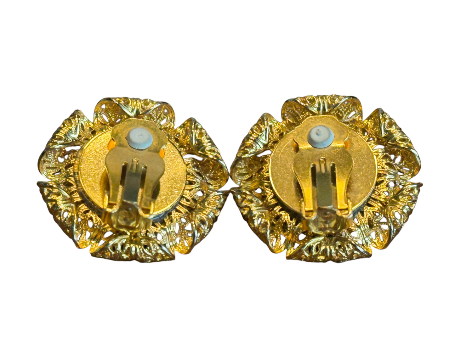 Vintage Gold Filigree Clip-On Earrings – Faux Pearl & Purple Crystal Accents