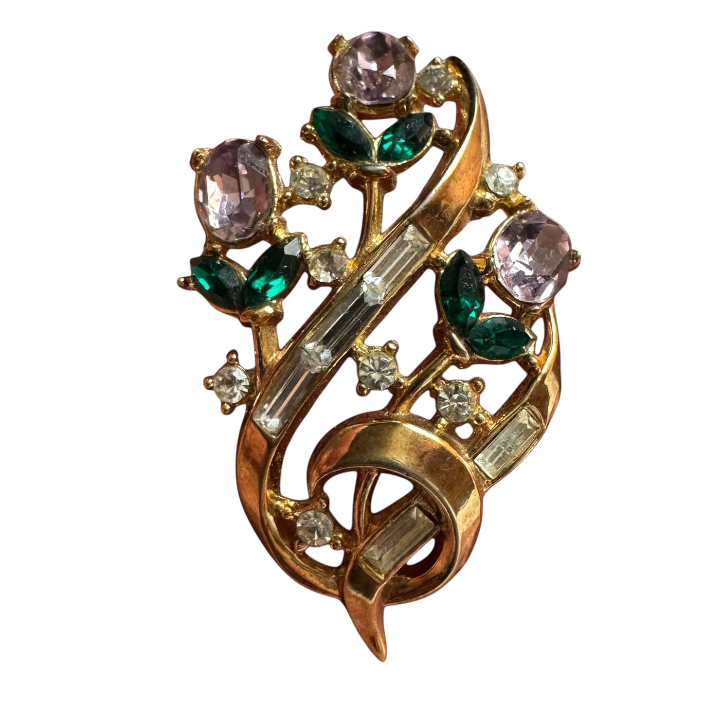 Rare 1950s Trifari Alfred Philippe Flower Bouquet Brooch – Pat. Pending Gold-Tone with Lavender, Green & Clear Rhinestones