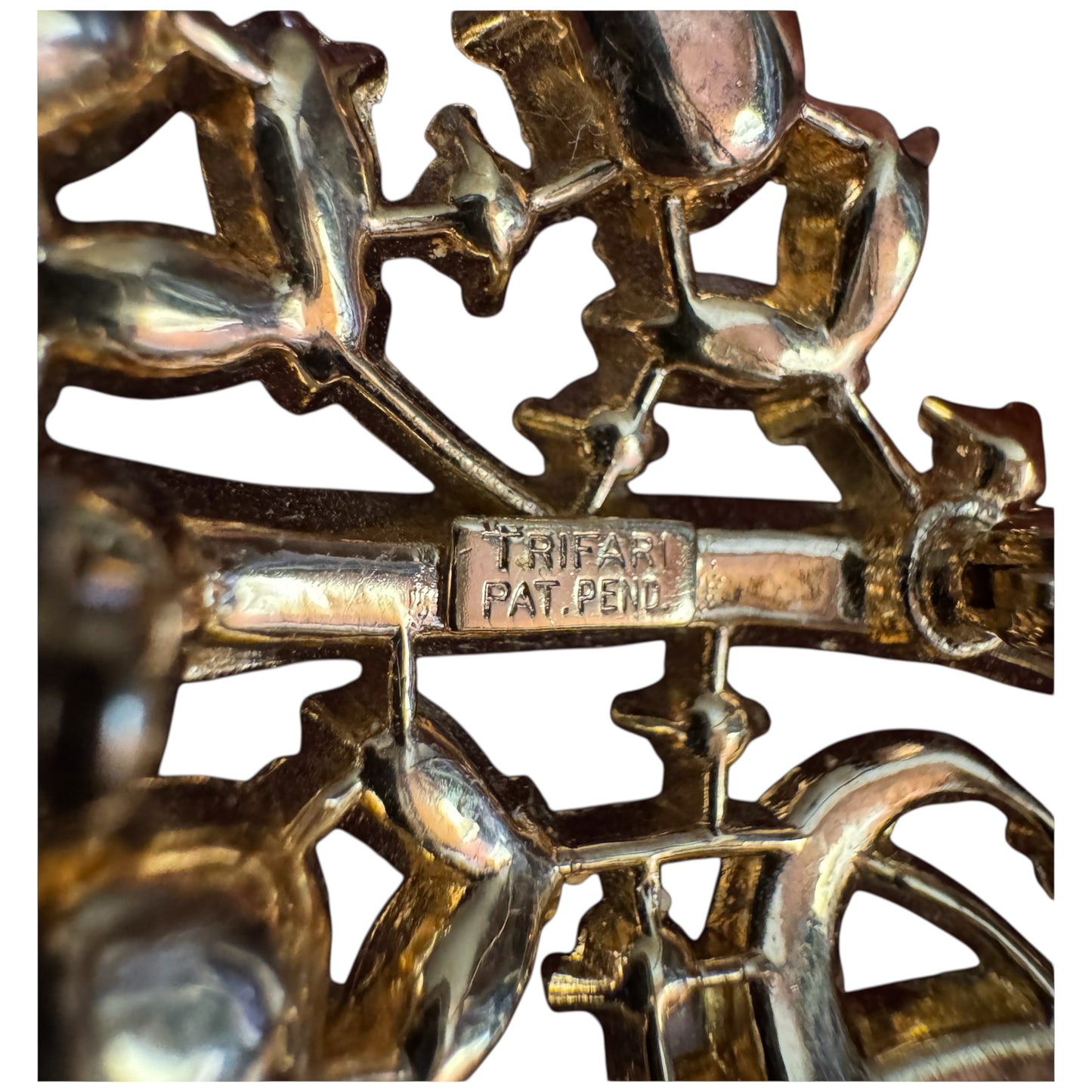 Rare 1950s Trifari Alfred Philippe Flower Bouquet Brooch – Pat. Pending Gold-Tone with Lavender, Green & Clear Rhinestones