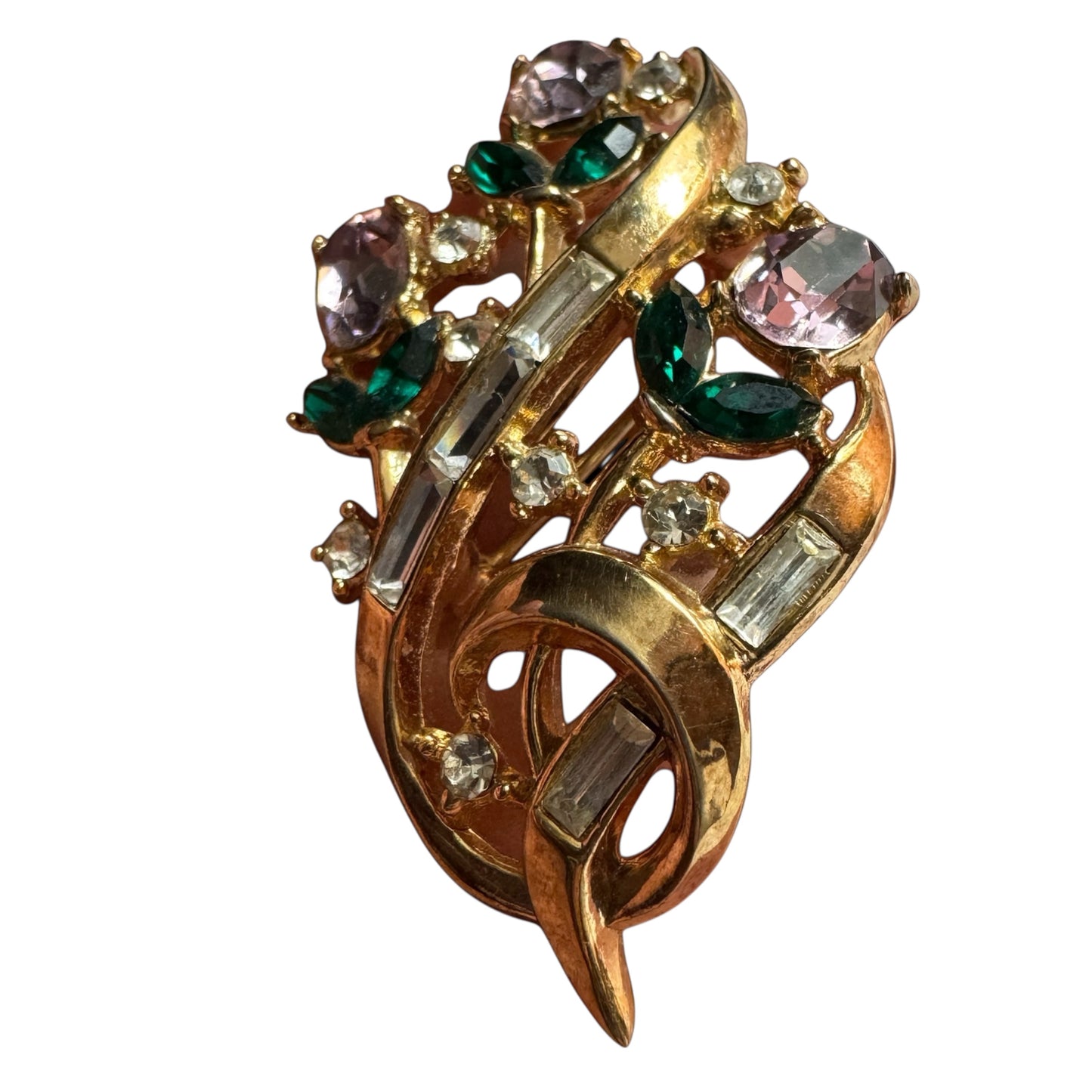 Rare 1950s Trifari Alfred Philippe Flower Bouquet Brooch – Pat. Pending Gold-Tone with Lavender, Green & Clear Rhinestones