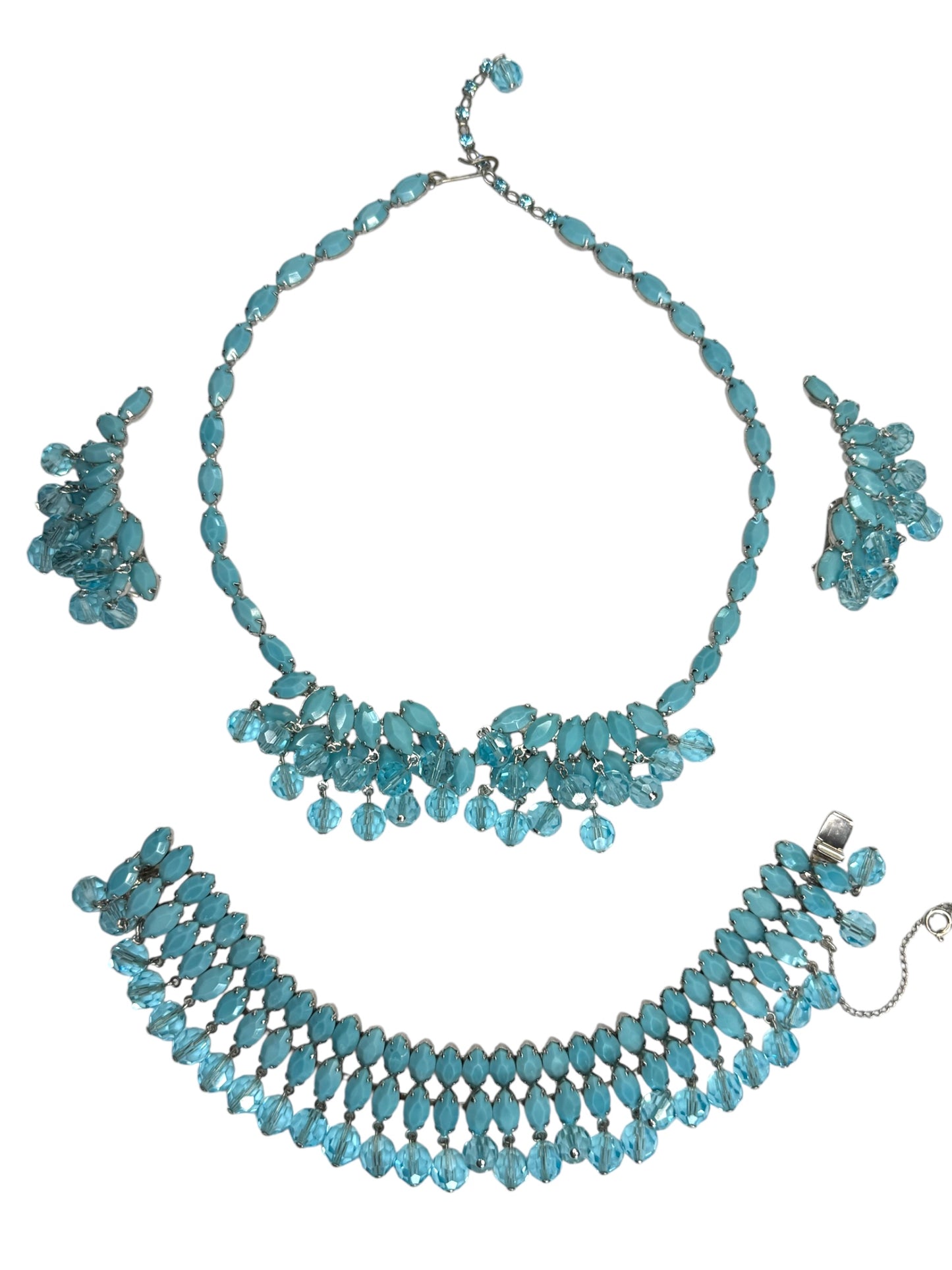 Vintage 1950s Signed Weiss Aqua Opaline Rhinestone Parure – Necklace, Bracelet & Earrings Set