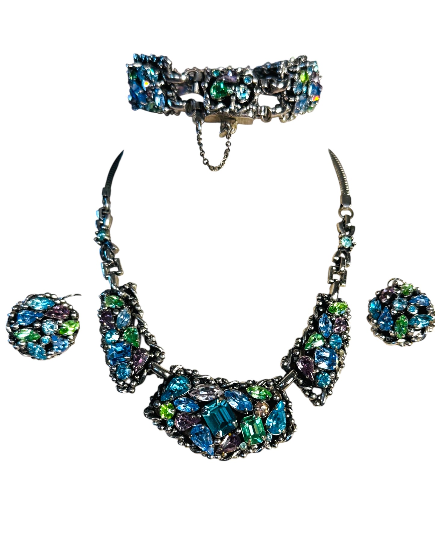 Vintage Signed Barclay Uranium Rhinestone Parure – Hollywood Regency Necklace, Bracelet & Earrings Set