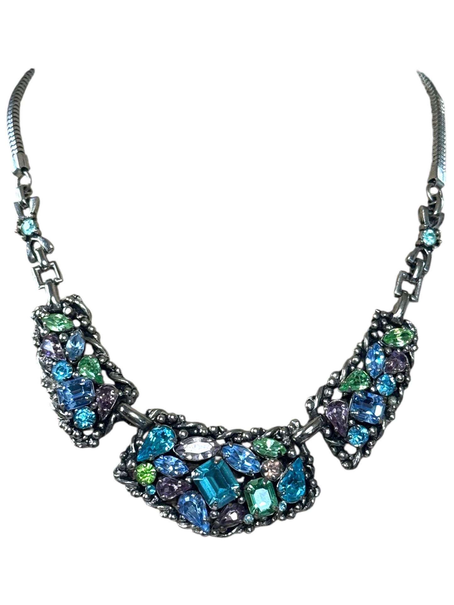 Vintage Signed Barclay Uranium Rhinestone Parure – Hollywood Regency Necklace, Bracelet & Earrings Set