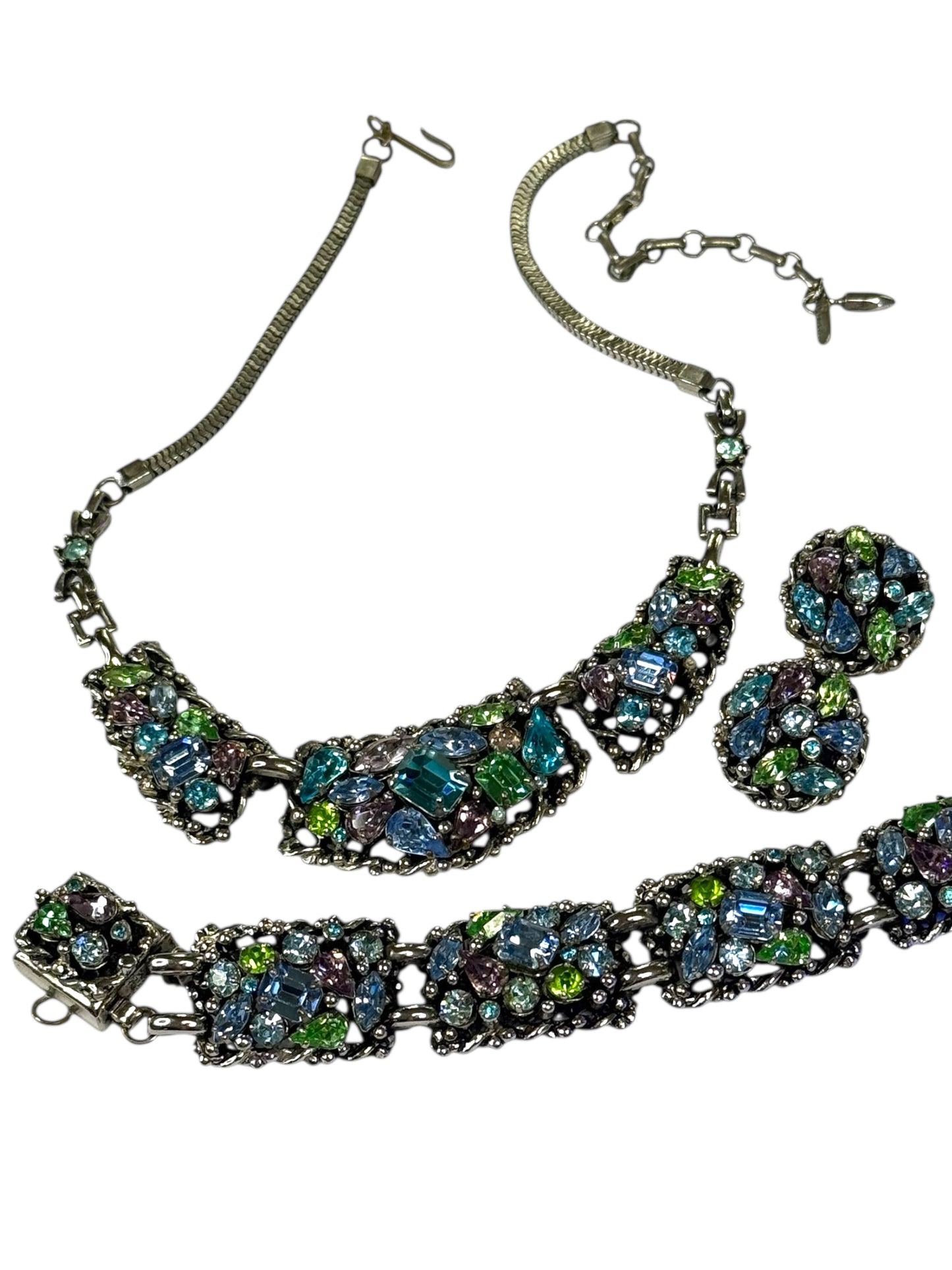 Vintage Signed Barclay Uranium Rhinestone Parure – Hollywood Regency Necklace, Bracelet & Earrings Set